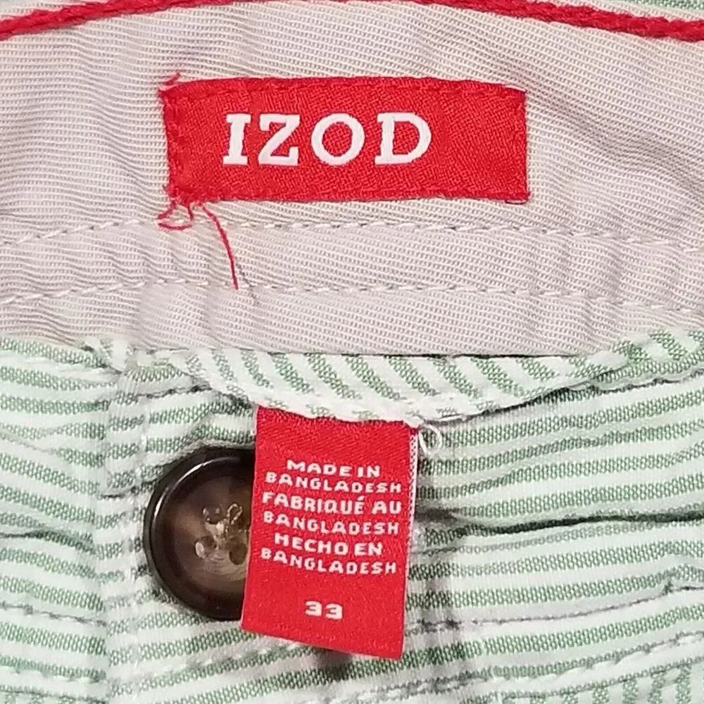 Izod Shorts Mens 33 Green White Seersucker Stripe Chino Flat Front Preppy Golf